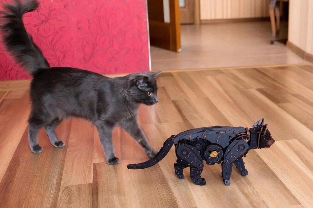 Механический Черный Кот от Eco Wood Art (EWA) - Деревянный конструктор, сборная механическая модель, 3D Пазл