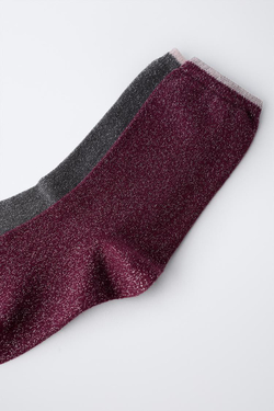 ZARA НАБОР ИЗ ДВУХ ПАР ВЫСОКИХ НОСКОВ С БЛЕСТЯЩЕЙ НИТЬЮ, БОРДОВЫЙ