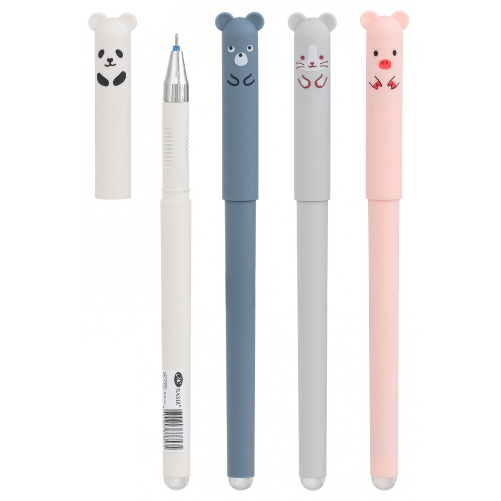 Ручка гелевая, пиши-стирай, Basir, синие чернила, серия "ЖИВОТНЫЕ", с фигурным колпачком, 12 шт