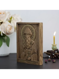 Спиридон Тримифунтский икона деревянная резная, ясень 01