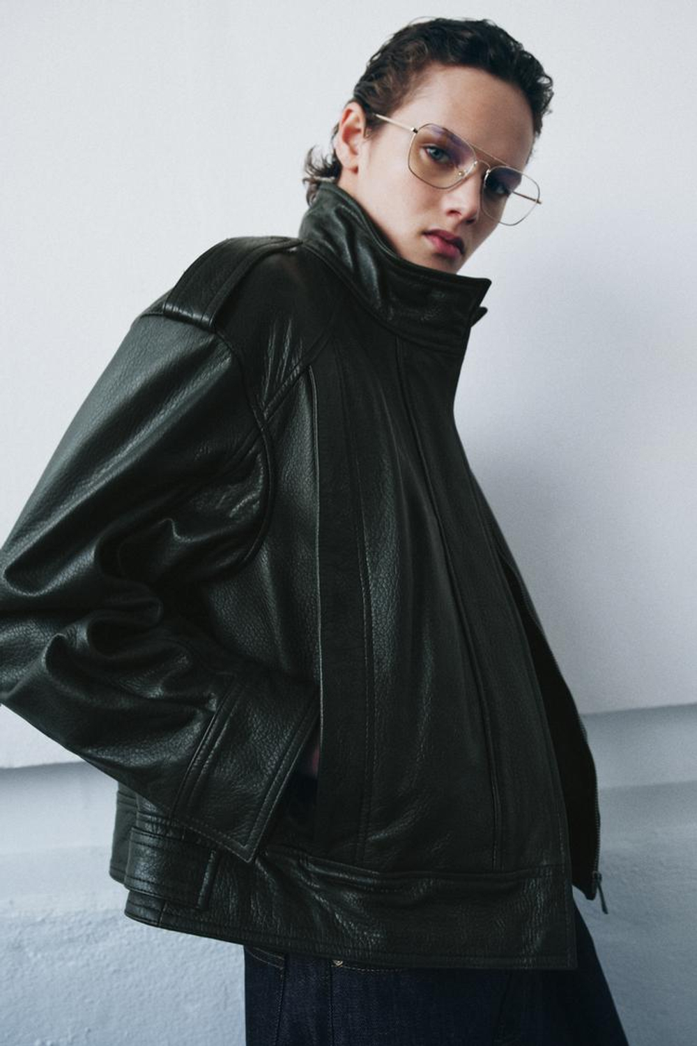 ZARA БОМБЕР ИЗ КОЖИ — ZW COLLECTION LIMITED EDITION, БУТЫЛОЧНО-ЗЕЛЕНЫЙ