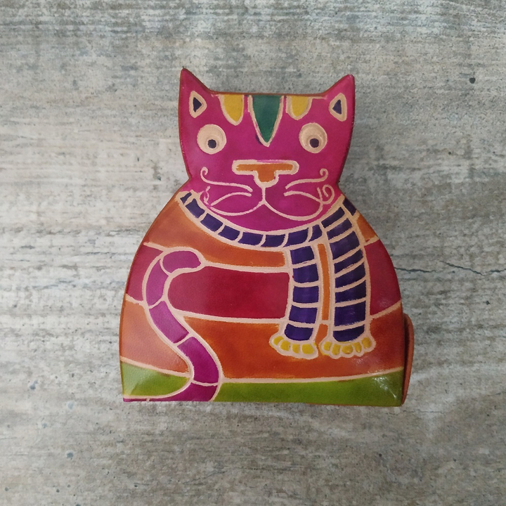 Копилка под мелочь " Кошка", цвет оранжевый, натуральная кожа ручной принт