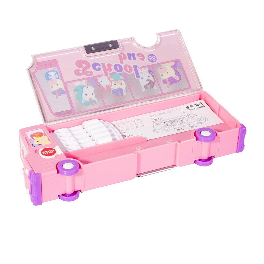 Пенал 2 отделения Alingar, форма - автобус, пластик, точилка, на магнитах, 85 х 210 мм, "Единорог", розовый (единорожки в автобусе)