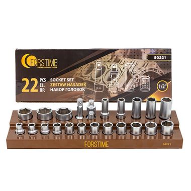 Набор головок 22пр.1/2''(6гр.)(10,12-19,21,22,24,27,30,32, удлин.-е:10,13,17,19,21)в кейсе FORSTIME FT-50221