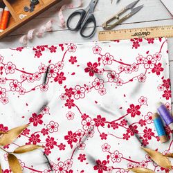 Ткань саржа цветущая сакура на бежевом фоне