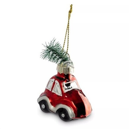 Елочное украшение машина красная с елкой стекло 4*6 см