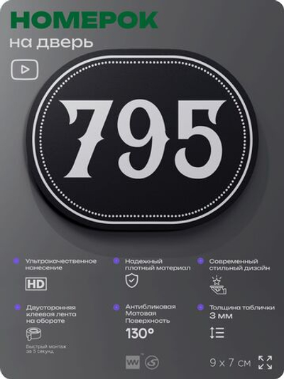 Номерок на дверь квартиры 795, для кабинета, офиса, шильдик 9 х 7 см, черный, Айдентика Технолоджи