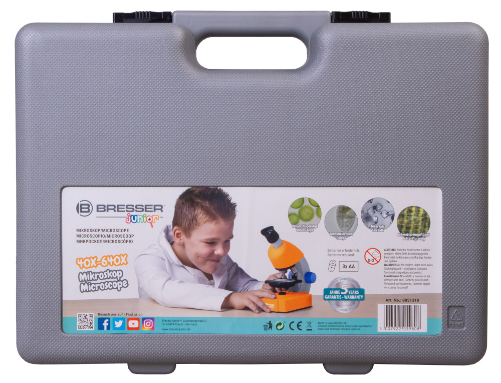 Микроскоп Bresser Junior 40–640x с набором для опытов, в кейсе