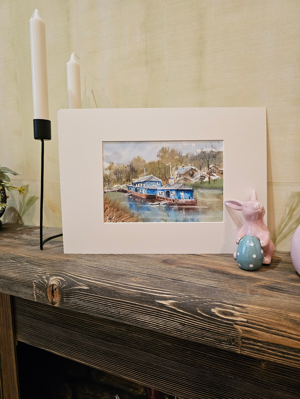 Картина авторская акварельная в паспарту 21х30 см на стену для интерьера "Пристань у кремля. Рязань"