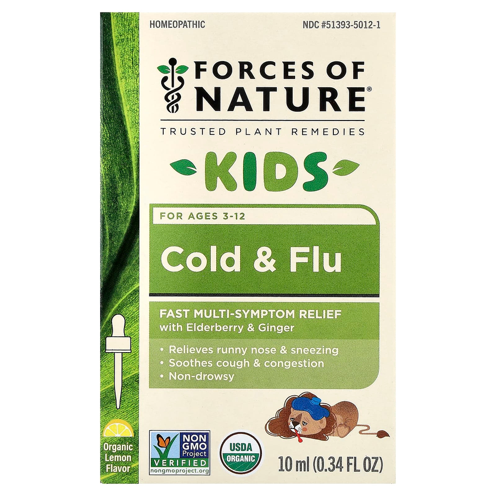 Forces of Nature, Organic Plant Medicine, от простуды и гриппа, для детей от 3 до 12 лет, лимон, 10 мл (0,34 жидк. унц.)