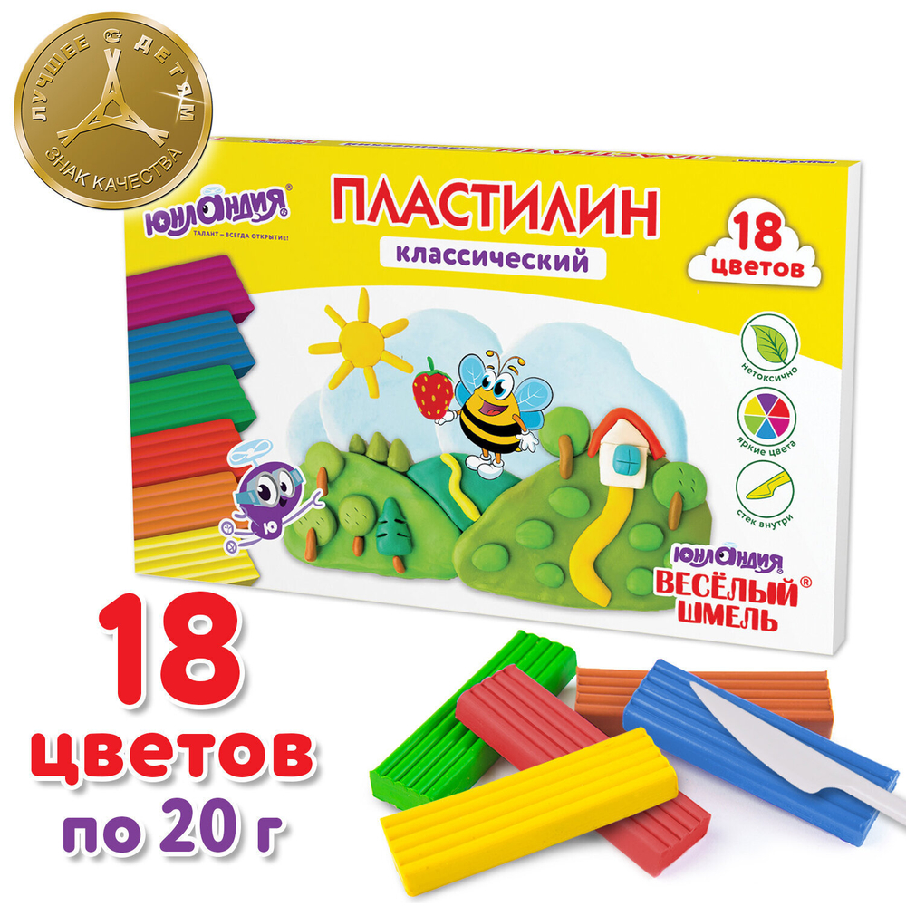 Пластилин классический ЮНЛАНДИЯ "ВЕСЁЛЫЙ ШМЕЛЬ", 18 цветов, 360 грамм, стек, ВЫСШЕЕ КАЧЕСТВО, 106432