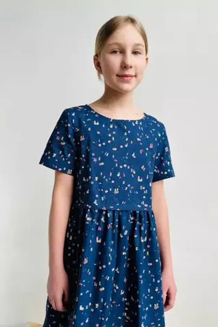 Платье с кулиской синее с принтом укороченное