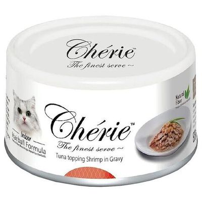 Влажный корм для кошек PETTRIC Cherie Hairball Control с тунцом и креветками в подливе, банка 80 г