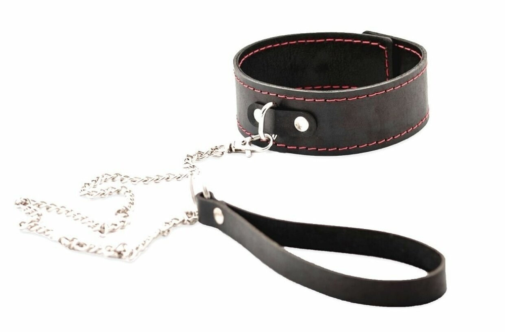 Черный широкий ошейник с красной строчкой и поводком (Цвет: черный с красным)