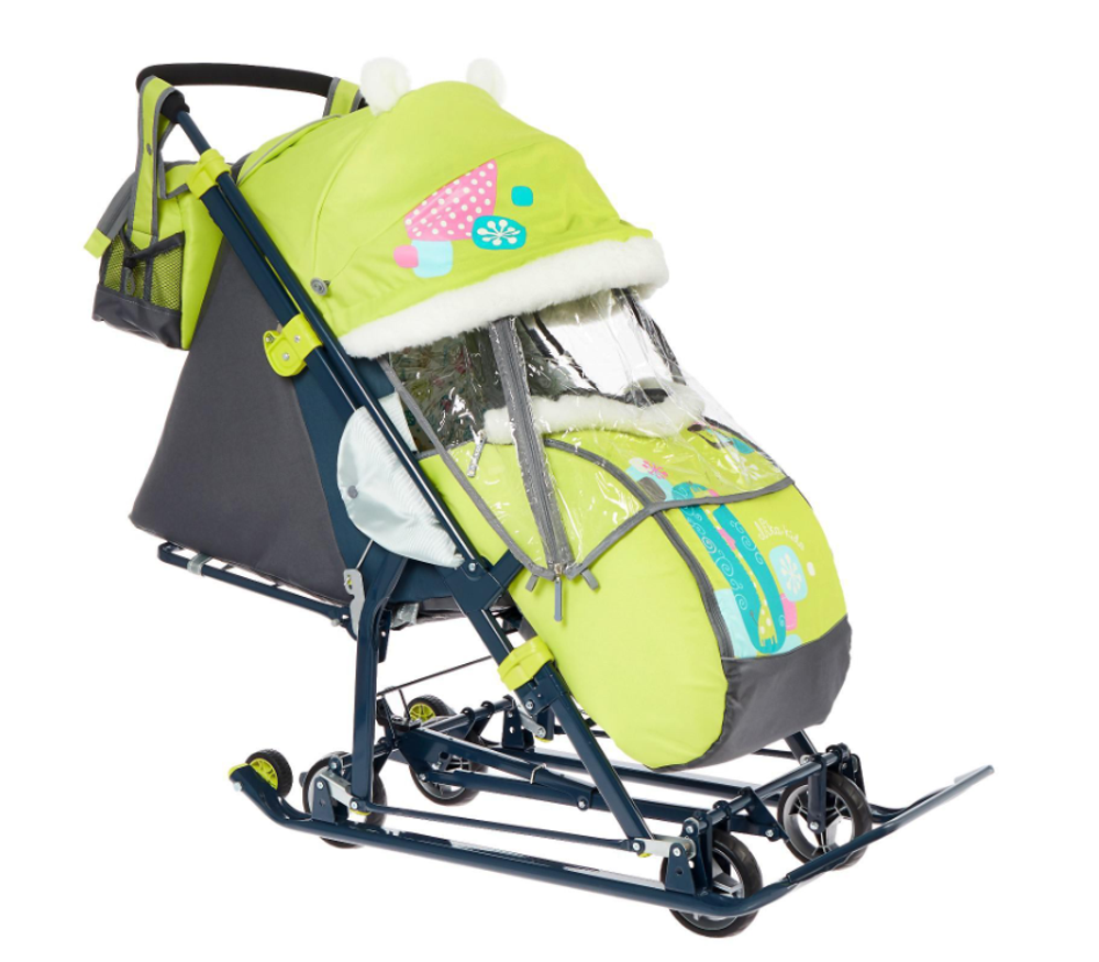 Санки коляска «Ника Детям НД 7-6», рисунок с жирафом, цвет лимонный, механизм качания