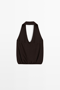 Massimo Dutti Топ из хлопка с горловиной халтер и эластичным низом, коричневый