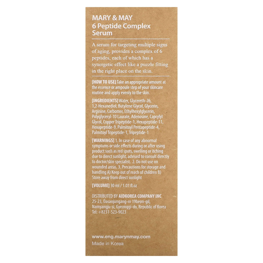 Mary & May, Сыворотка с комплексом из 6 пептидов, без отдушек, 30 мл (1,01 жидк. унц.)