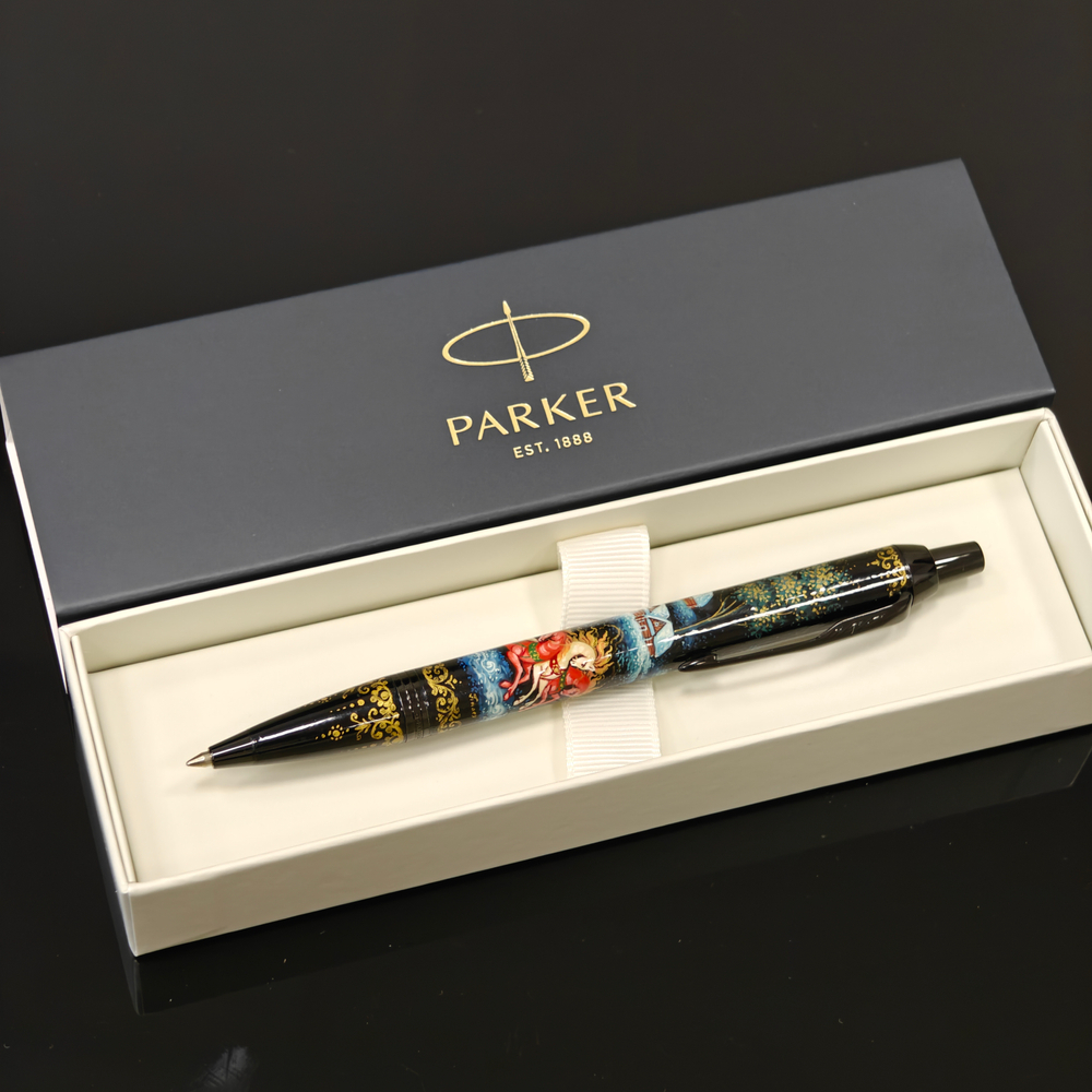 Ручка шариковая Parker "Сказочная тройка" на черном с ручной росписью Палех в коробке