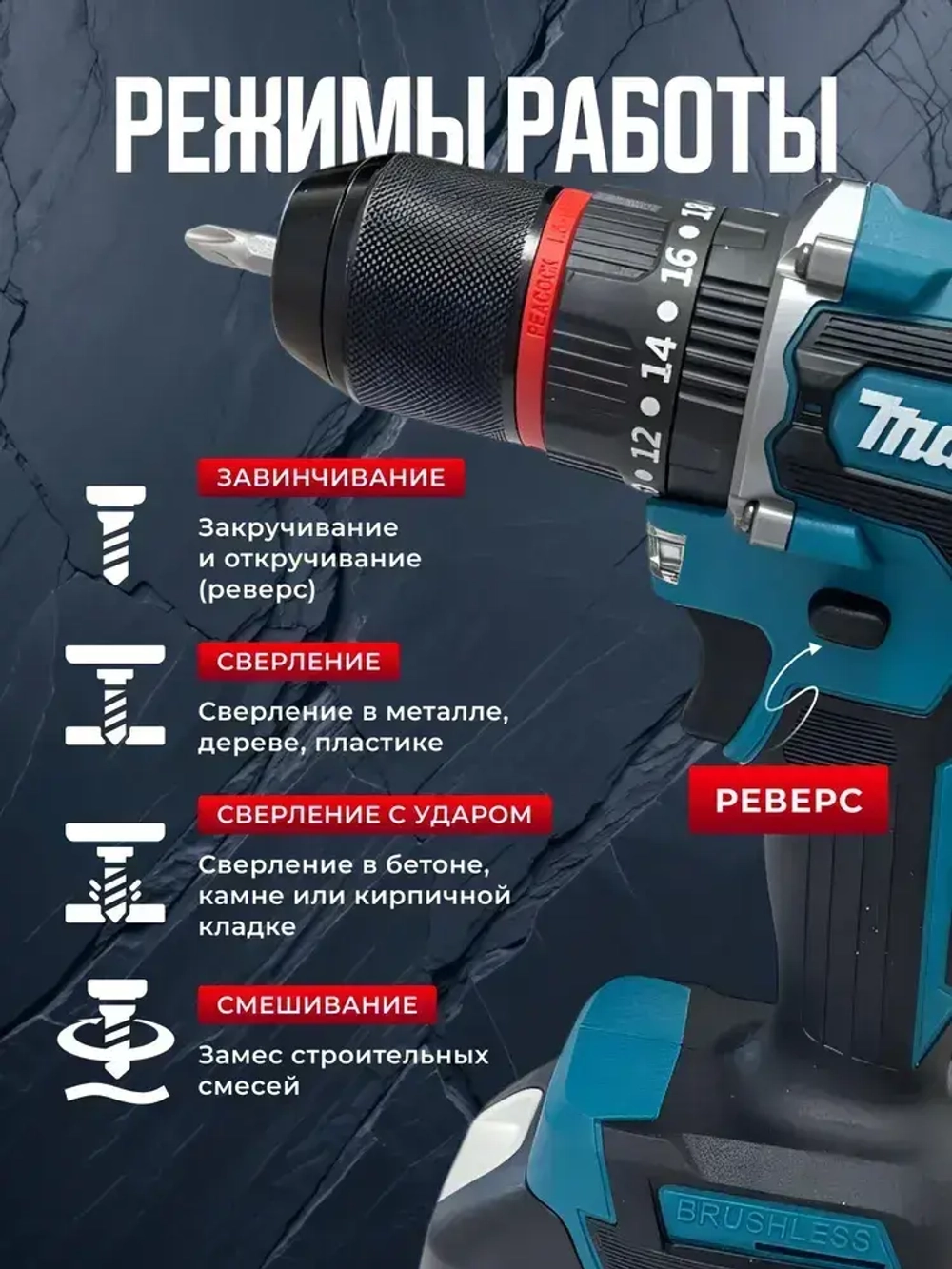 Дрель шуруповерт аккумуляторный бесщеточный, 2 АКБ 36В