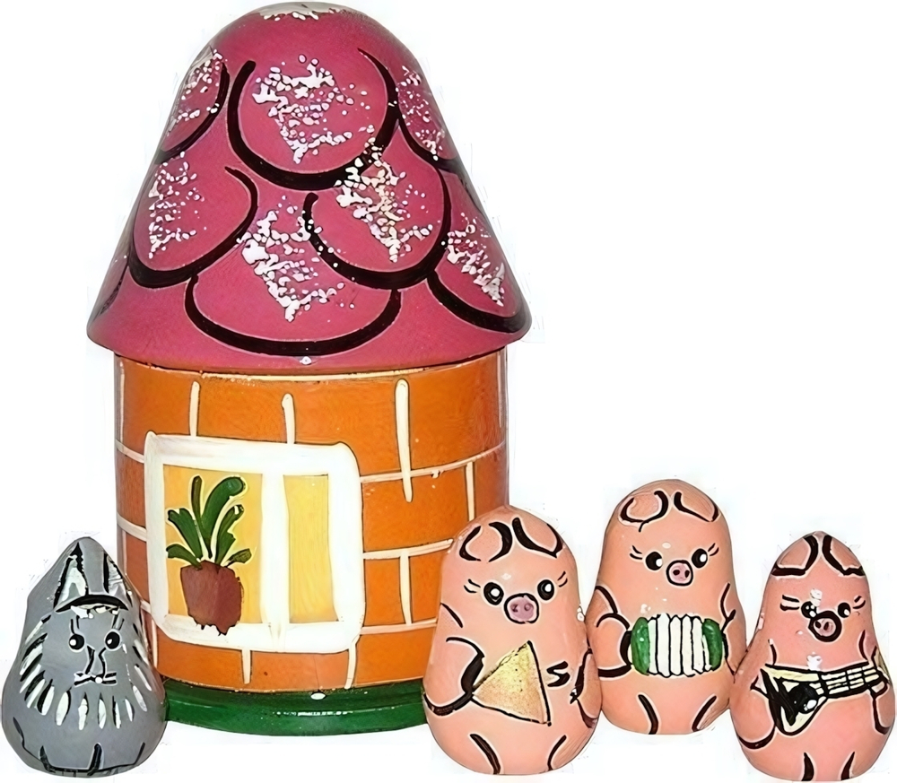 Матрешка "Три поросенка" 5в1: дом, волк, 3 поросенка