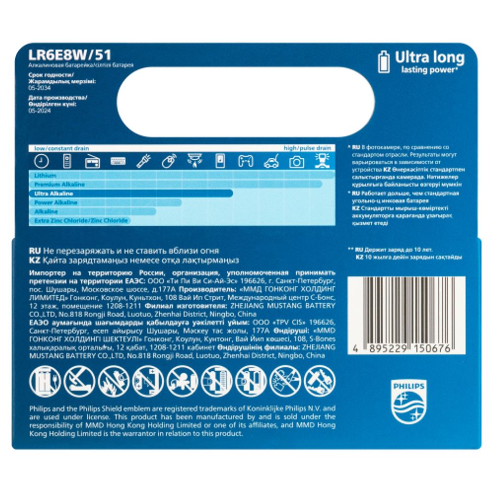 Батарейки Philips LR6E8W/51 АА алкалиновые 1,5v 8 шт. LR6-8BL Ultra