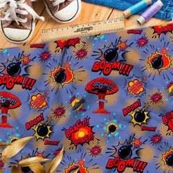 Ткань таффета звуки взрывов из комиксов на синем фоне