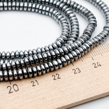 Гематит Рондель бусины (имитация), цвет серебристый, размер около 4*2 мм, цена за отрезок 19 см (1/2 нити)