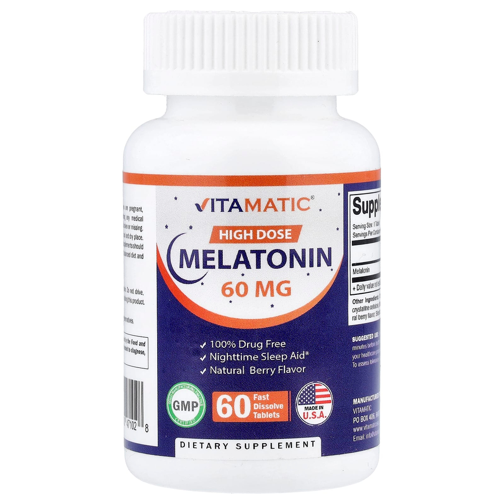 Vitamatic, высокая доза мелатонина, со вкусом натуральных ягод, 60 мг, 60 быстрорастворимых таблеток