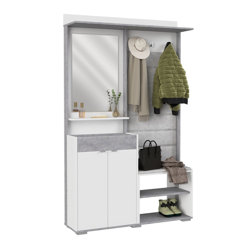 Прихожая с зеркалом и полками комплект мебели Белое сияние/Цемент светлый Акцент №1 120х32х196 см