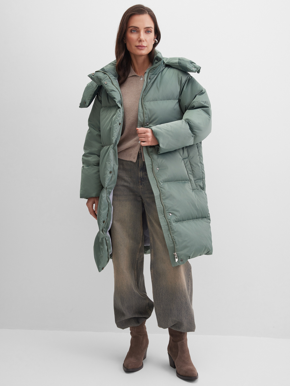 MIDI пуховик с объемным капюшоном, OLIVA 🌿