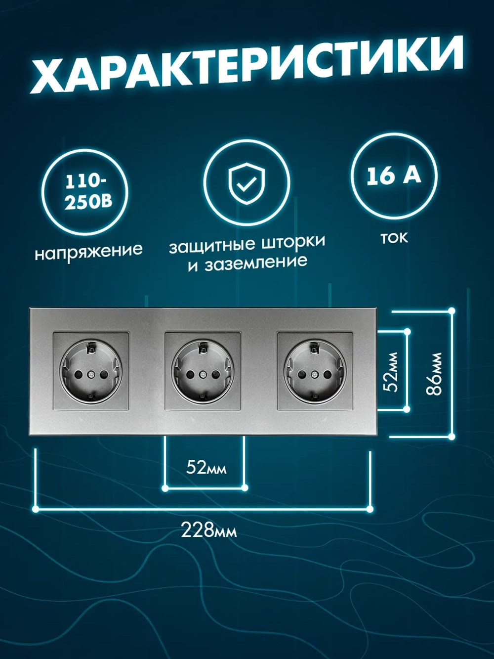 Розетка с заземлением тройная из закаленного стекла