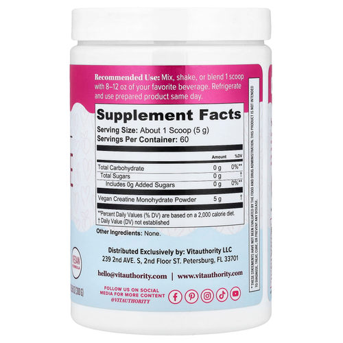 Vitauthority, Active, моногидрат креатина для женщин, без добавок, 300 г (10,58 унции)