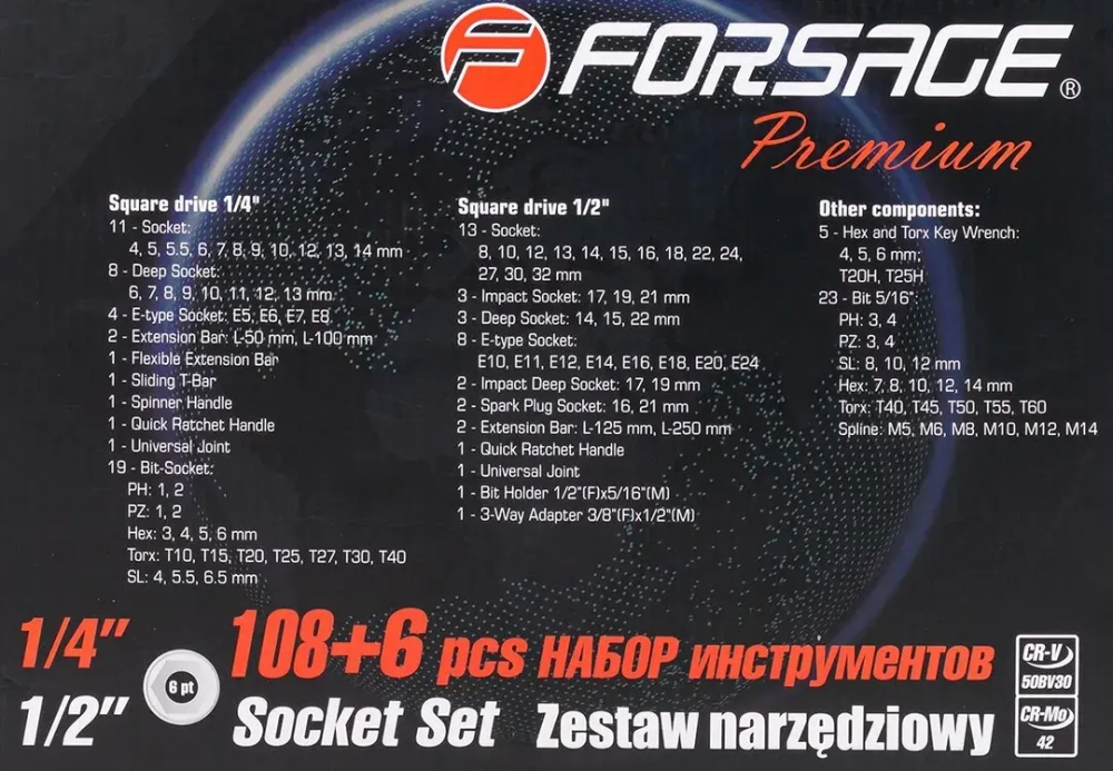 Набор инструментов 108+6пр.1/4''1/2''(6гр.)+(гол.-бита1/4'':T40 Forsage F-41082-5 PREMIUM