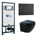 Унитаз подвесной WeltWasser MARBERG 507 + MERZBACH 043 GL-BL + MAR 507 RD MT-BL черный глянцевый, безободковый, с крышкой микролифт, слив-торнадо, с инсталляцией и черной матовой кнопкой