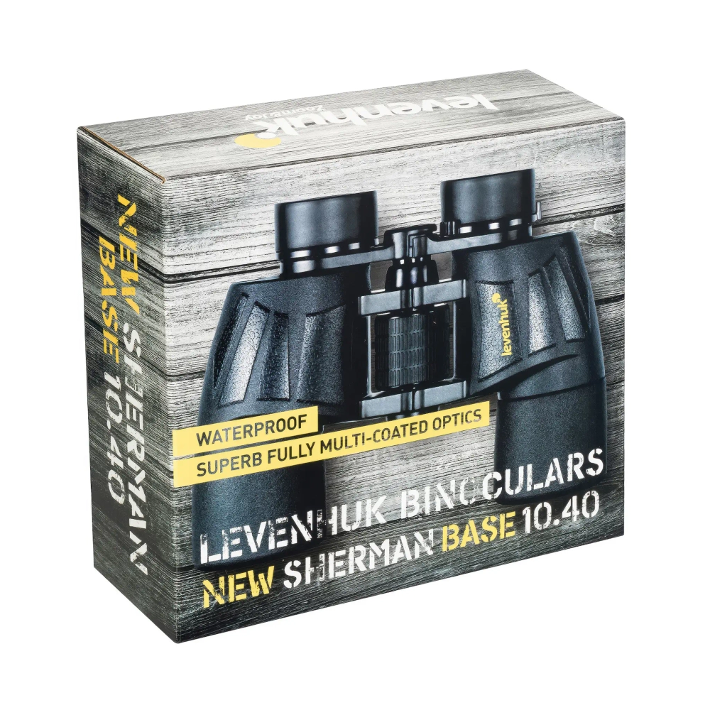Бинокль Levenhuk New Sherman BASE 10x40 в упаковке на светлом фоне