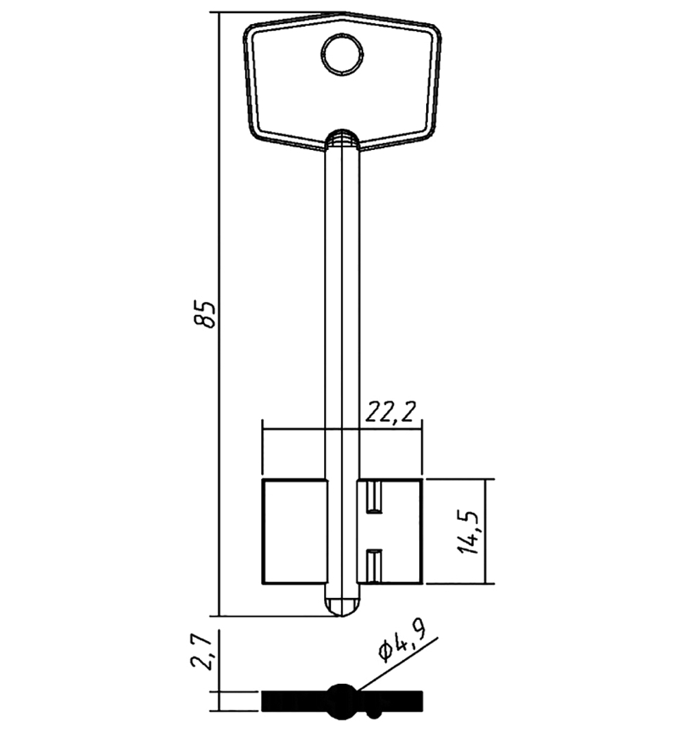 Заготовка сувальдного ключа 10677 141/1- ГЕРИОН-1 литье (кор.узк.) (85*22,2*14,5мм) (4,9мм) (GRN1D)