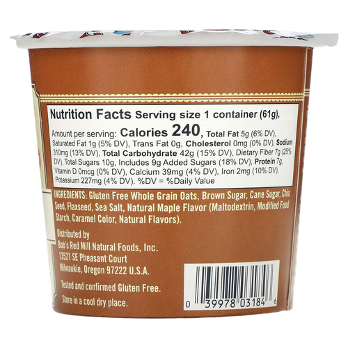 Bob's Red Mill, овсянка в чашке, с коричневым сахаром и кленовым сиропом, 61 г (2,15 унции)