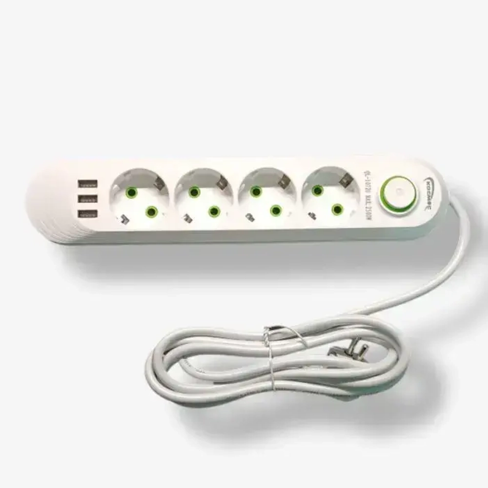 Удлинитель сетевой фильтр 2 метров 4 розетки + 3 USB Белый EU