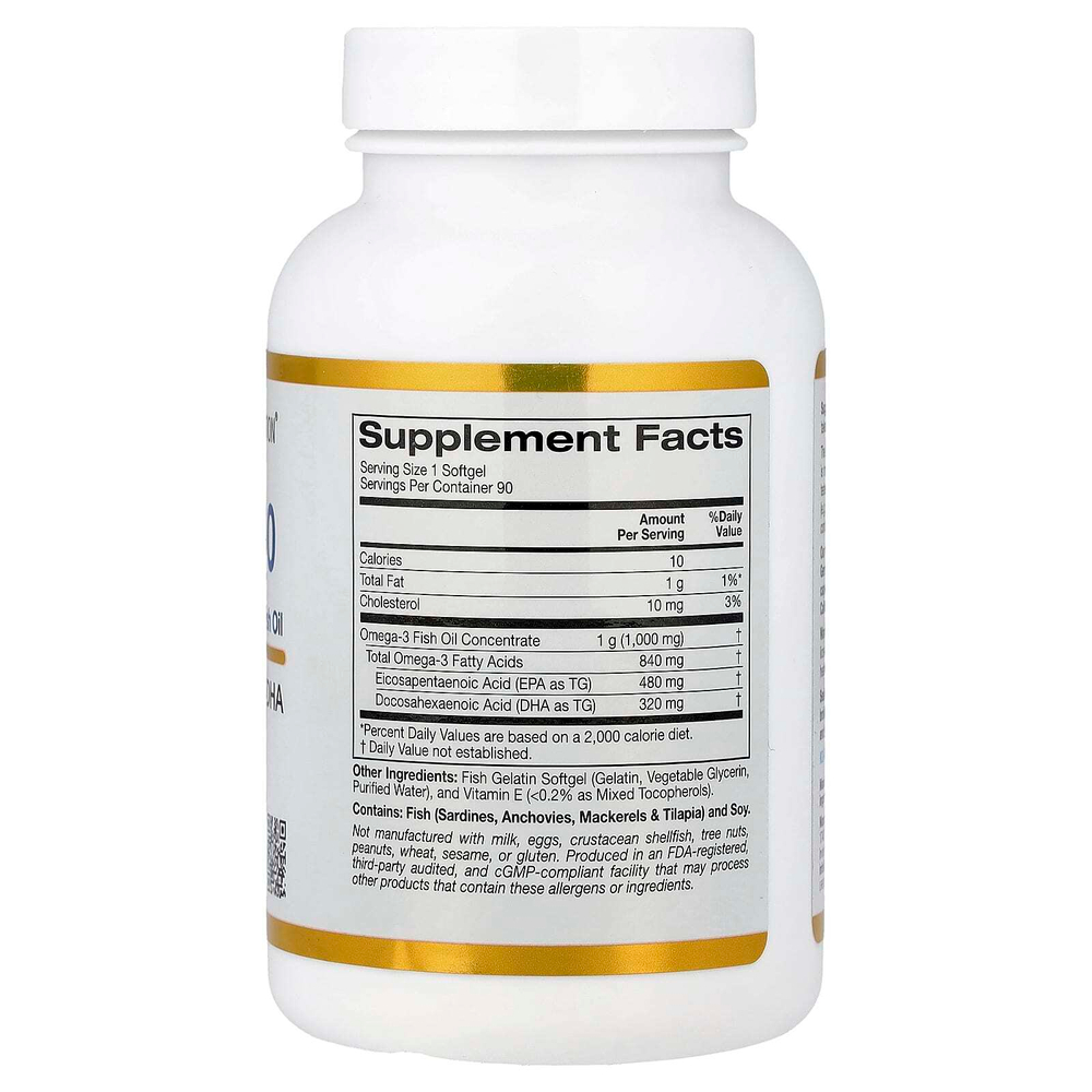 California Gold Nutrition, Omega 800, ультраконцентрированный рыбий жир с омега-3, в форме триглицеридов KD-Pur, 90 капсул из рыбьего желатина (1000 мг в 1 капсуле)