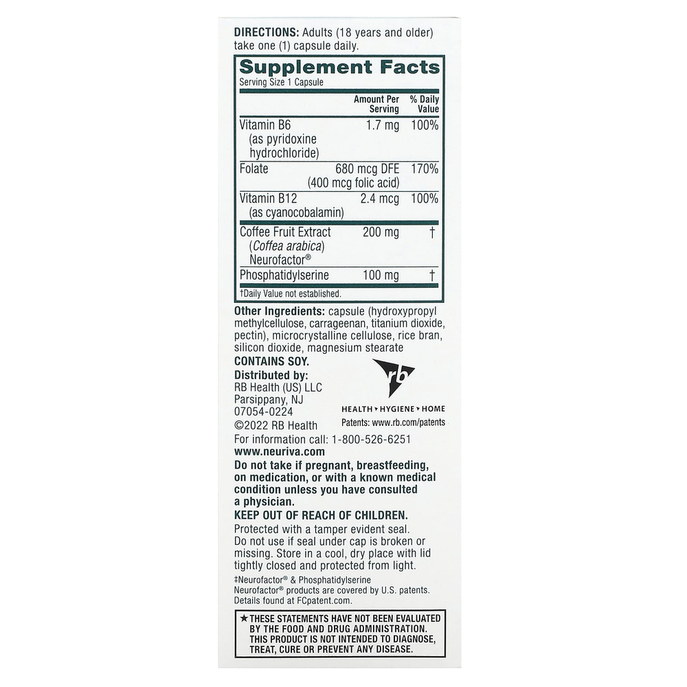 Schiff, Neuriva, здоровье мозга, с витаминами B6, B12 и фолиевой кислотой, 30 капсул