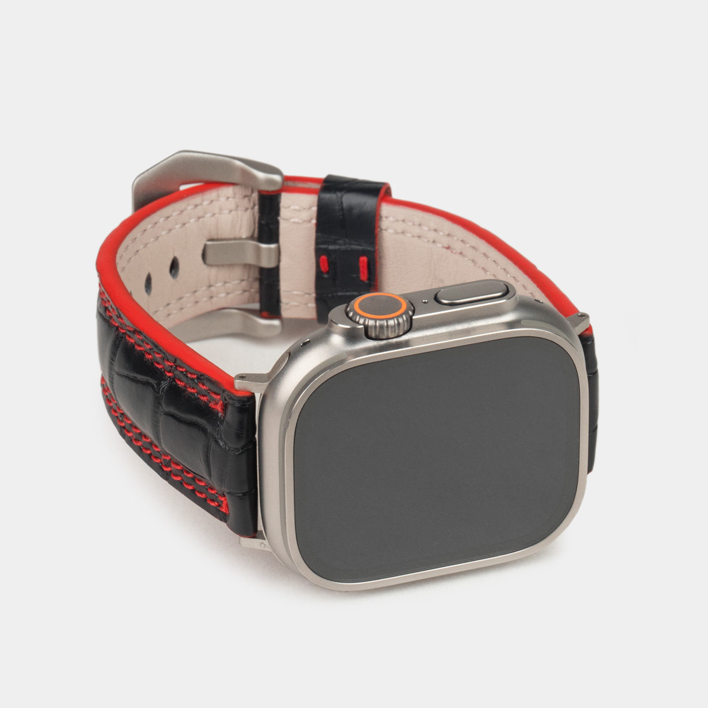 Ремешок для Apple Watch Ultra 49mm из кожи крокодила черного цвета с красной строчкой