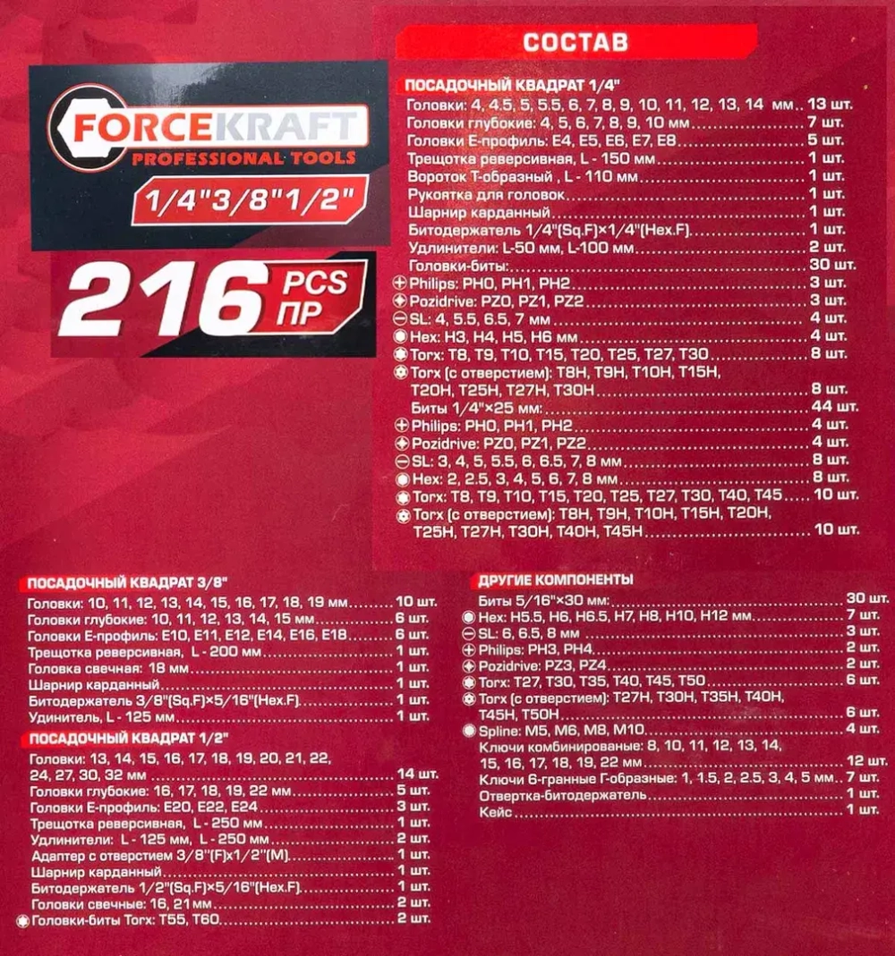 Набор инструментов 216пр. 1/4'', 3/8'', 1/2''(6гр.) FORCEKRAFT FK-38841-8