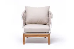 "Диего" кресло плетеное из роупа, основание дуб, каркас алюминий светло-серый (RAL7035) муар, роуп бежевый круглый, ткань бежевая 052