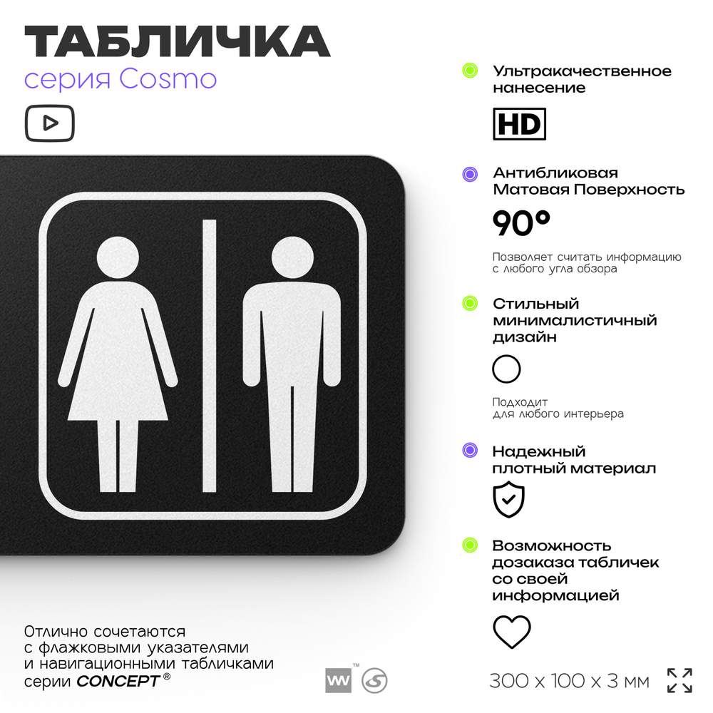 Табличка на туалет, для офиса, кафе, ресторана, 30 х 10 см, черная, Айдентика Технолоджи