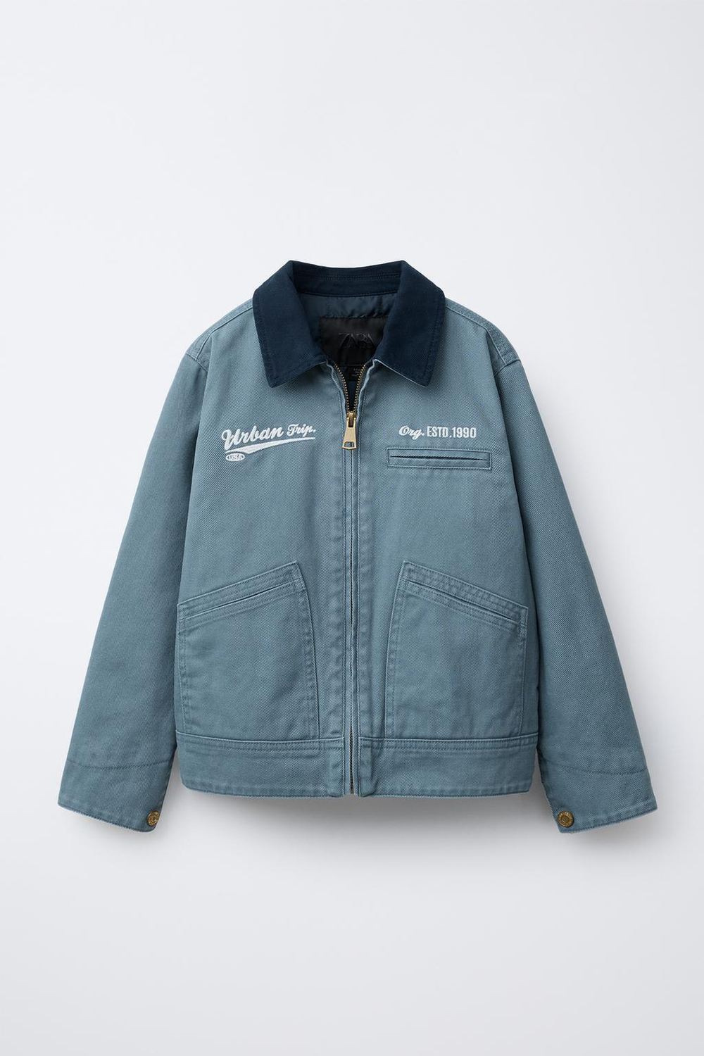 ZARA КУРТКА ИЗ ТВИЛА С ВЫШИТОЙ НАДПИСЬЮ, ГОЛУБОЙ