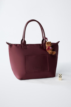 ZARA НЕЙЛОНОВАЯ СУМКА-ШОПЕР С МИШКОЙ, ГРАНАТОВЫЙ