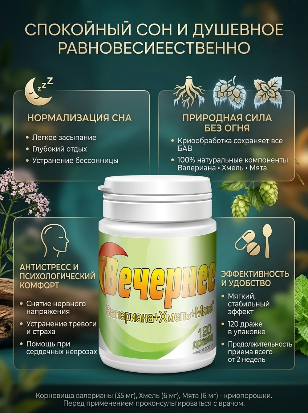 Вечернее Валериана + Хмель + Мята (120 драже по 200 мг.)