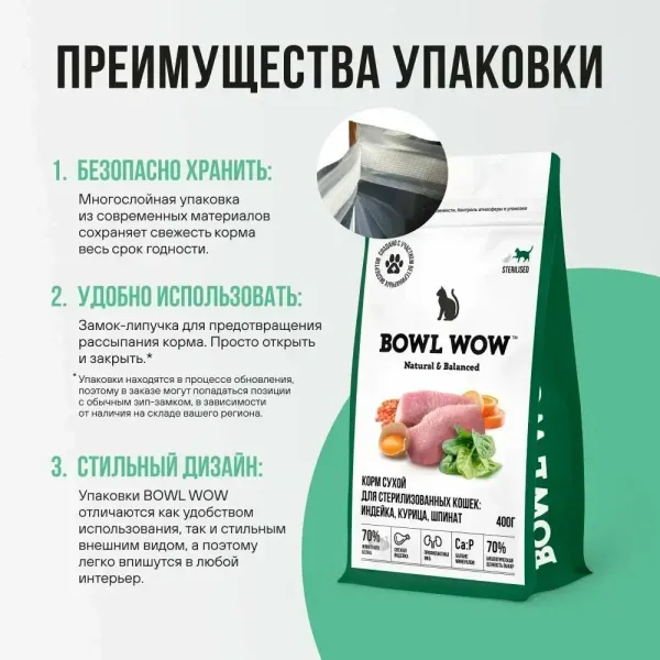 Уценка! Повр.упак. / Сухой корм BOWL WOW для стерилизованных кошек с индейкой, курицей и шпинатом