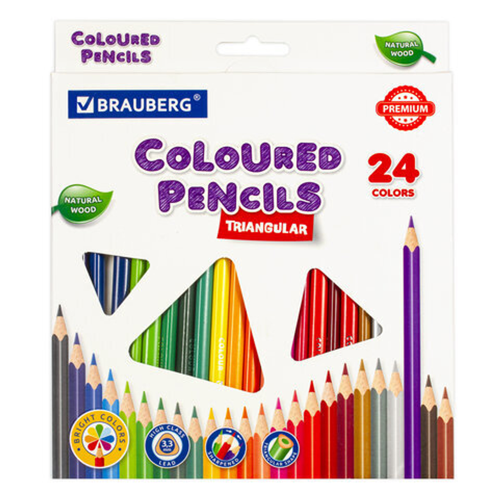 Карандаши цветные BRAUBERG PREMIUM, 24 цвета, трехгранные, грифель мягкий 3,3 мм,