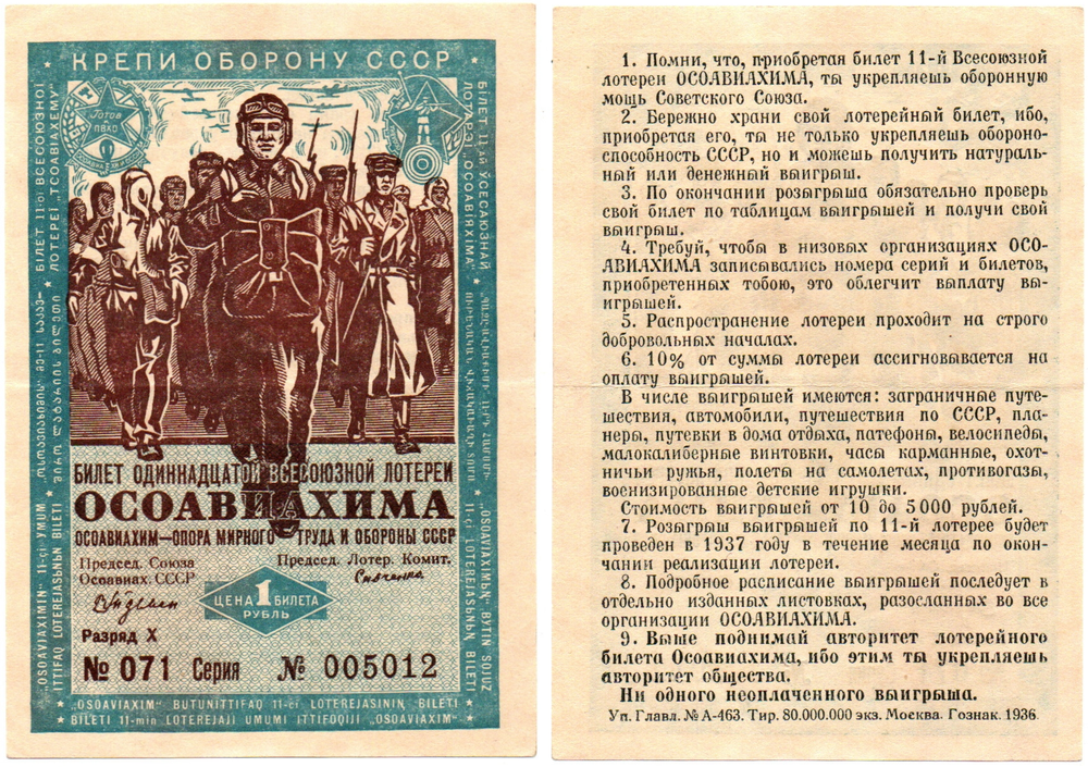 Билет лотереи ОСОАВИАХИМА 071-005012. 1936 г. Без сгиба XF